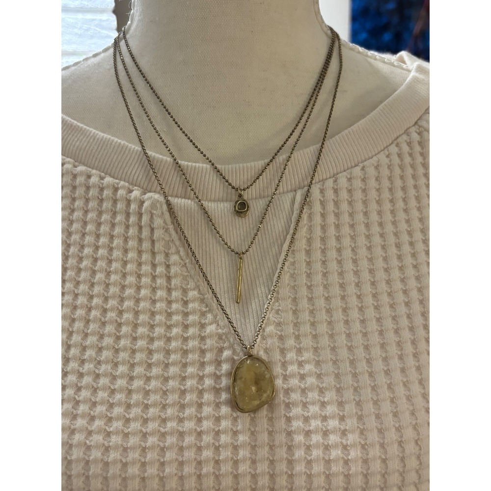 Lucky Brand Antique gold Tone Layered Necklace Triple Strand Yellow Stone Druzy